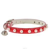 Ошейник синтетик 10мм двойной прошитый с жемчугом и бубенчиком красный 30см/00210111-02/Каскад