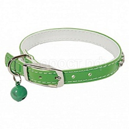Ошейник синтетик 10мм двойной прошитый со стразами и бубенчиком зеленый 30см/00210106-05/Каскад
